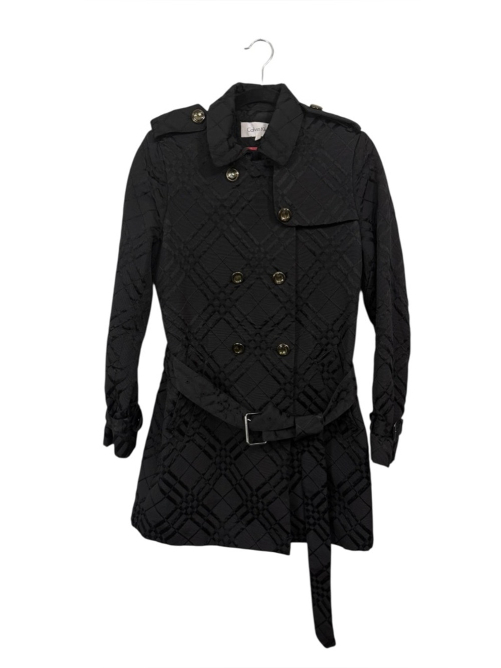 Calvin Klein Women's Small Black Quilted Trench Coat Belt Pockets Lined